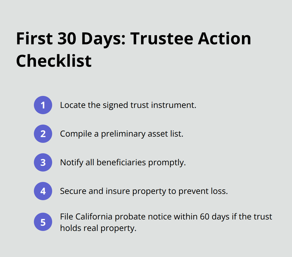Checklist of essential trustee tasks in the first 30 days, including California notice timing - trust administration process