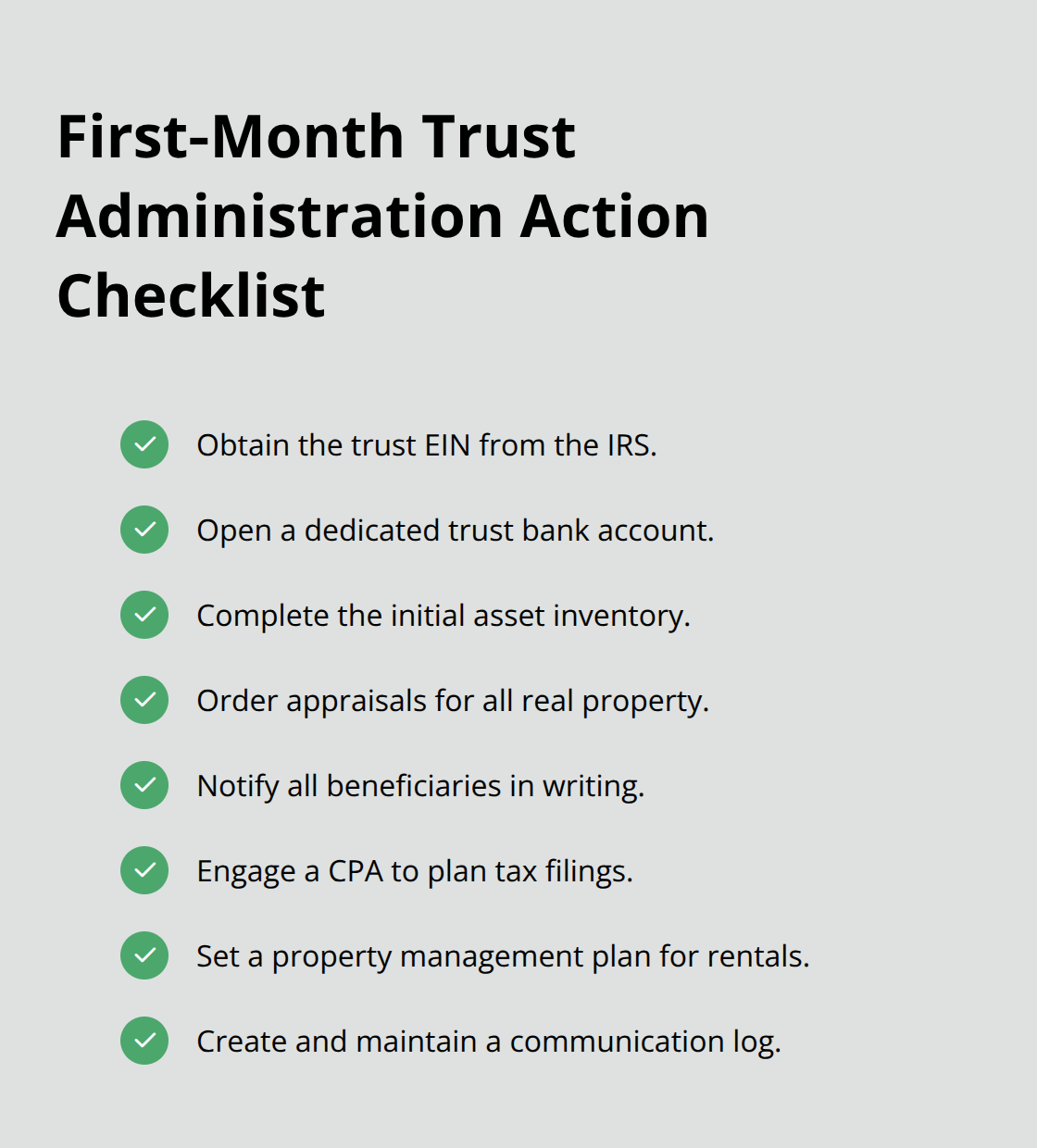 Checklist infographic of essential first‑month trust administration tasks to keep an Orange County estate on schedule.