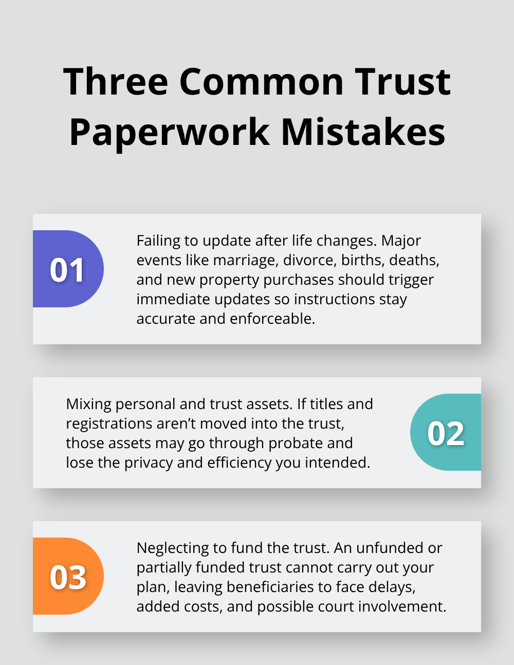 Stylized list of the three most common trust paperwork mistakes and why they matter.