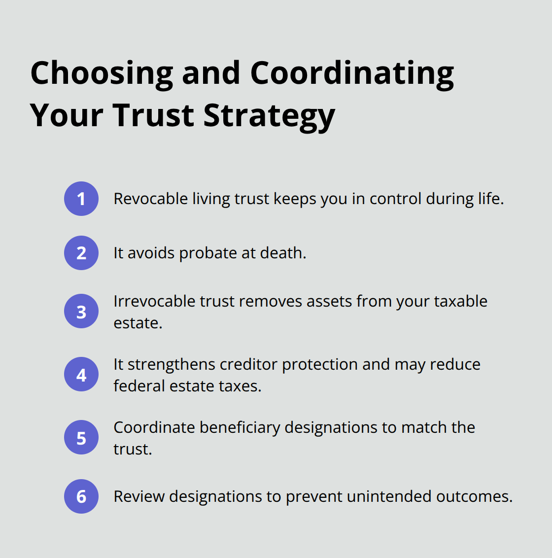 Concise list summarizing revocable vs. irrevocable trusts and the need to align beneficiary designations. - trust planning attorney
