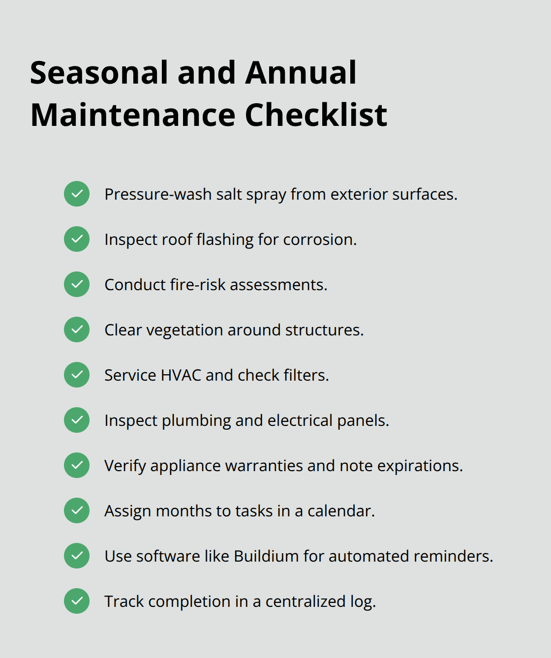 Checklist of seasonal and annual maintenance tasks trustees should track for U.S. properties.