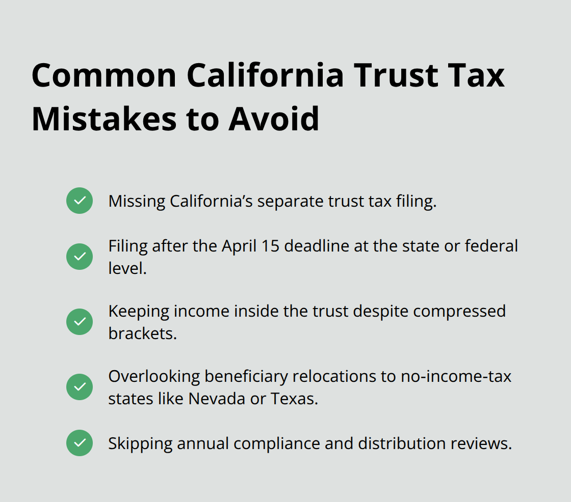 Checklist of frequent California trust tax mistakes and oversights to avoid.