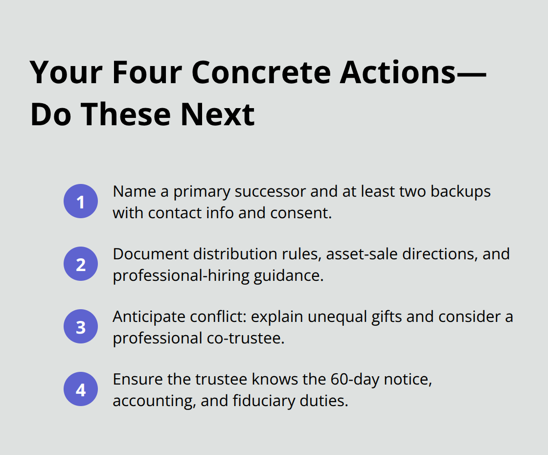 Compact list of four immediate steps to finalize a California trustee succession plan.