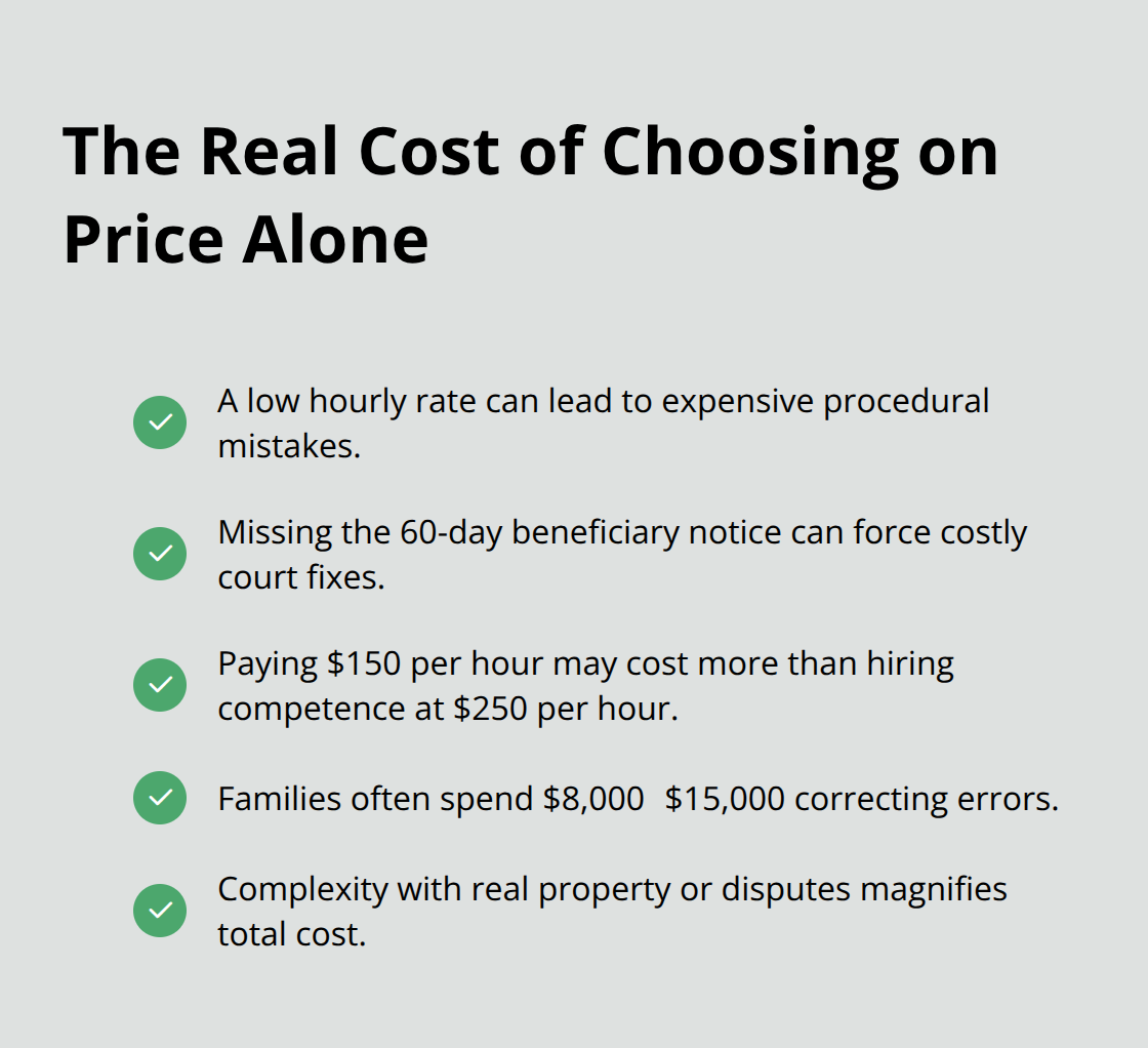 Checkmark list highlighting cost pitfalls when selecting a trusts administration attorney based only on hourly rate. - trusts administration attorney referrals